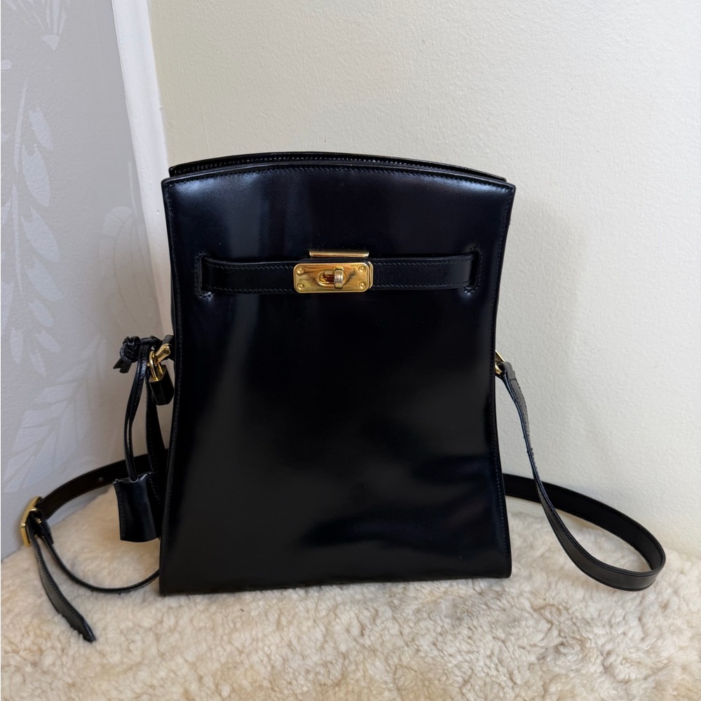VTG Leather School Florence Black Crossbody Bag Gold Hardware Italy Monogramed